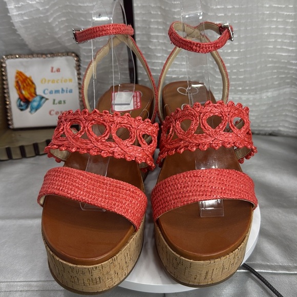 (O)Jessica Simpson Callri Woven Cork Platform Wedge Sandals in Coral Straw,Sz 9M - Picture 3 of 11